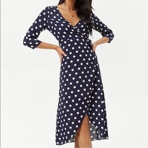 Forever 21 Navy‎ White Polka Dot Wrap Dress Tulip Hem 3/4 Sleeve Size Large